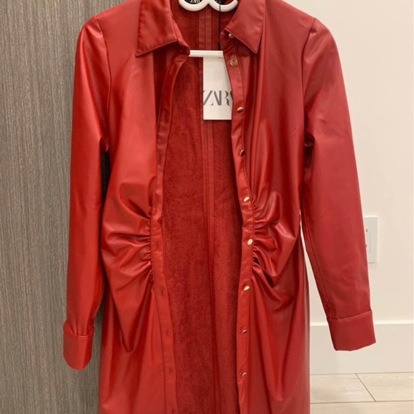 Zara Faux Leather Shirt Dress - Red XS - Picture 2 of 5